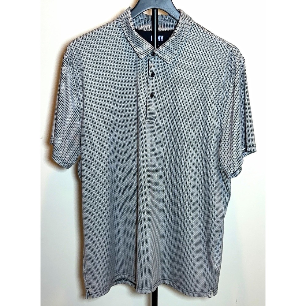 DKNY Gray Geometric Polo Shirt Men's XL Short Sleeve Stretch Logo Perfect